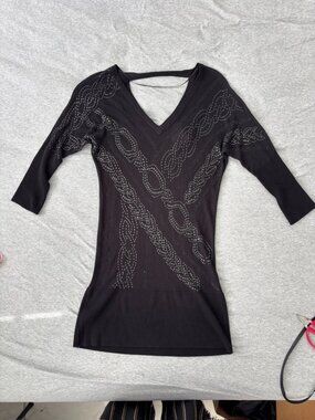 Vintage Cache Black Studded Sweater Dress XS Y2K Open Back V Neck Party NWT